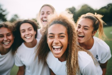 Obraz premium Group of happy young female athletes laughing on sports field