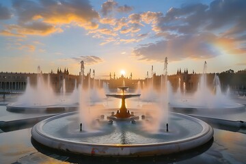 A grand plaza with fountains that spray mist to create rainbows at sunrise