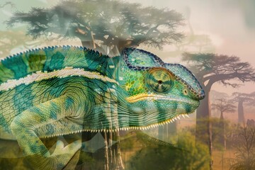 A vibrant chameleon set against the backdrop of Madagascar's iconic baobab trees. The chameleon's intricate patterns and colors highlight its remarkable camouflage abilities in its natural habitat.