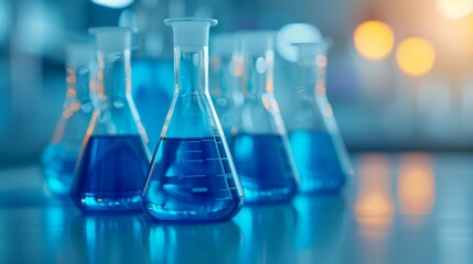 Series of glass flasks containing blue liquid, aligned on a metallic lab table, soft focus on flasks and warm blueorange lighting, showcasing a detailed scientific workspace