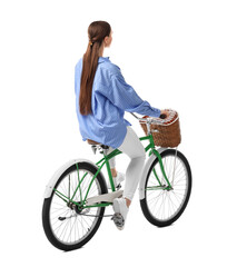 Obraz premium Woman riding bicycle with basket isolated on white