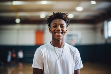 Fototapeta premium Portrait of a young male African American player in gymnasium