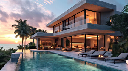 Luxury Modern Villa with Infinity Pool Overlooking Ocean at Sunset