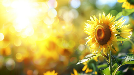 Obraz premium Sunflower on blurred sunny nature background. Horizontal agriculture summer banner with sunflowers field. Agriculture field with blooming sunflowers,sunflower oil production.