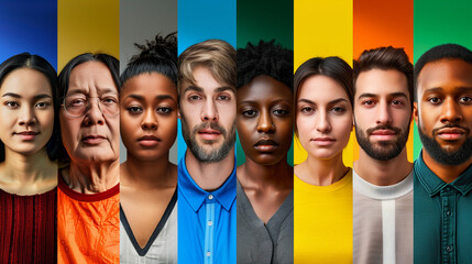 A series of portraits featuring diverse individuals of different ages and ethnicities, each set against vibrant, colorful backgrounds, highlighting unity and diversity