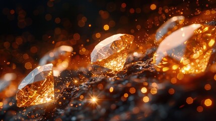Scattered white diamonds and crystals falling from above, very shiny, clear, golden glow, star powder, best composition, creative background design. Abstract Background.