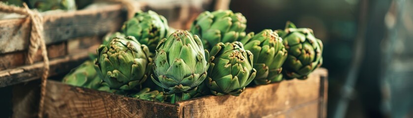 Obraz premium Fresh artichokes in a wooden box.