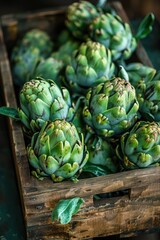 Obraz premium Fresh artichokes in a wooden box.