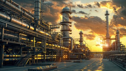 Fototapeta premium Oil production plant with huge pipes and stairs at sunset
