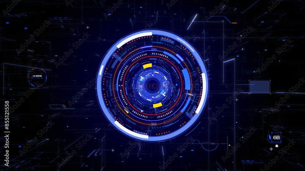 Poster technology hud circle spinning element. futuristic geometric shape rotating and communication displa