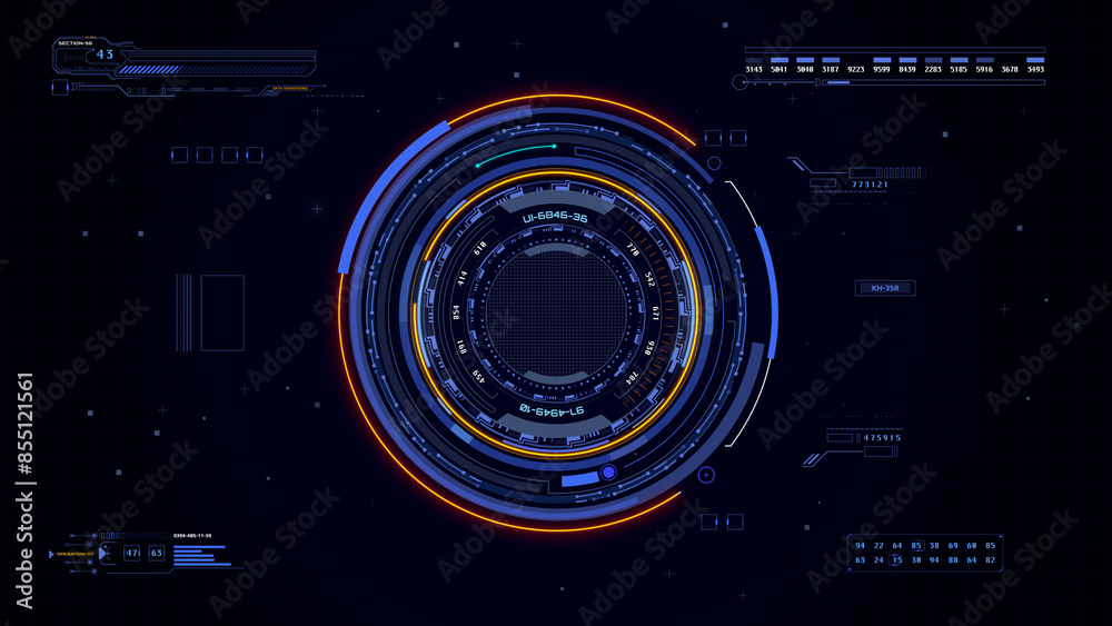 Poster hud futuristic spinning circle crosshair element with digital data, chart for business development, 