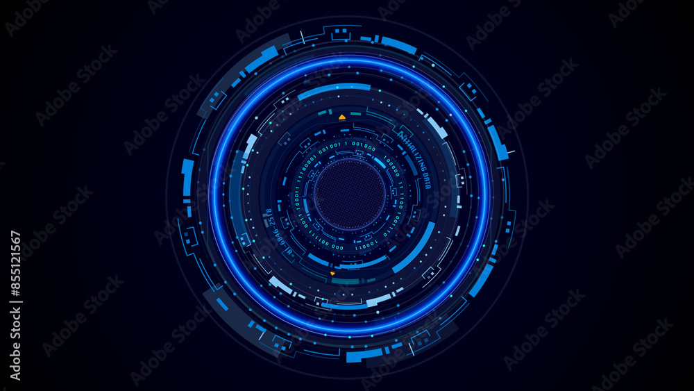 Poster technology hud circle spinning element. futuristic geometric shape rotating and communication displa