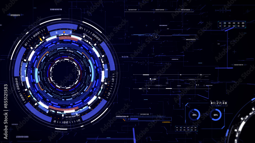 Poster hud futuristic spinning circle crosshair element with digital data, chart for business development, 