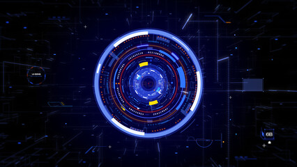 Technology HUD circle spinning element. Futuristic geometric shape rotating and communication display for game, infographic, business illustration