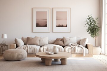 Interior of a Scandinavian minimalist living room with white furniture