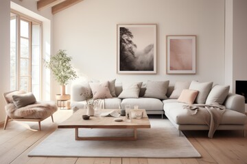 Fototapeta premium Interior of a Scandinavian minimalist living room with white furniture