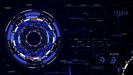 HUD futuristic spinning circle crosshair element with digital data, chart for business development, game, technology illustration