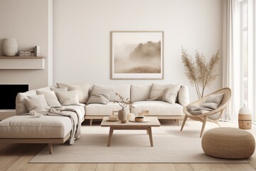 Interior of a Scandinavian minimalist living room with white furniture
