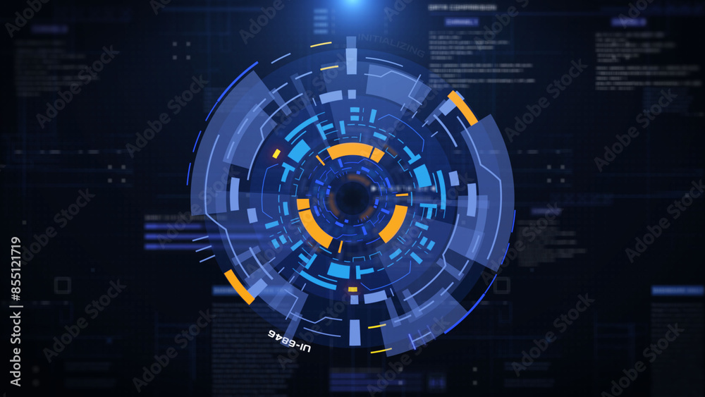 Poster HUD spinning circle object for target searching, scanning technology transfer system platform illustration.