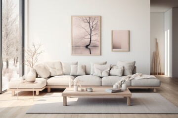 Interior of a Scandinavian minimalist living room with white furniture