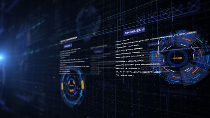 HUD futuristic spinning circle crosshair, gadget on UI template for business development, game, technology vertical perspective view illustration