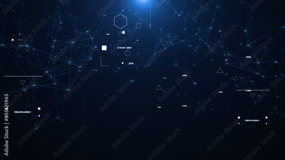 Fototapete Technology digital cyberspace, data network connection. Futuristic sci-fi with hud ui system interface flying through illustration background.
