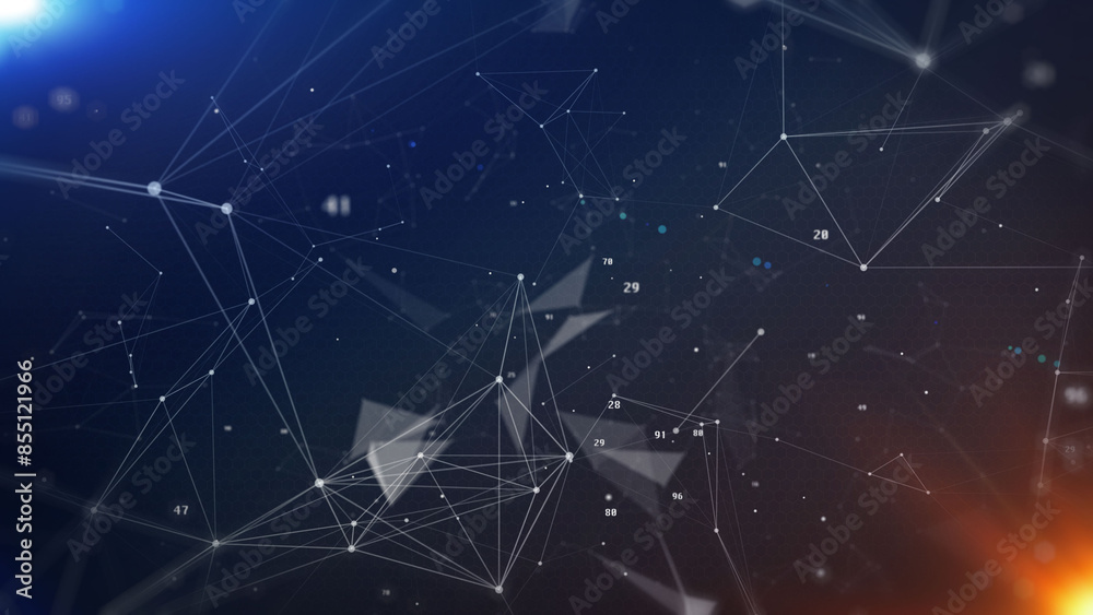 Aufkleber Technology digital line corner structure cyber data network connection concept. Abstract geometric, triangle shape moving with number particle floating in blue illustration background.