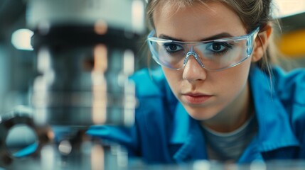 Concentrated woman in safety glasses managing a highprecision machine tool, industrial background with metalworking equipment, engineering focus
