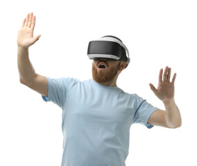 Fototapeta premium Emotional man using virtual reality headset on white background