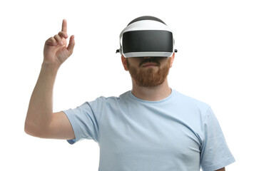 Man using virtual reality headset on white background