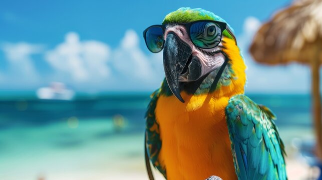 Colorful parrot at tropical beach wearing sunglasses