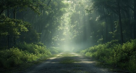 Obraz premium A Misty Morning Road Through a Lush Forest