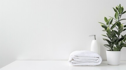 White towel and a plant on a white table with space for text