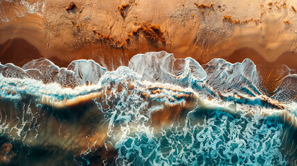 Aerial view of ocean waves crashing on the sandy beach, daytime. Concept of nature's beauty and power. Ideal for travel marketing, coastal conservation campaigns, and environmental awareness.