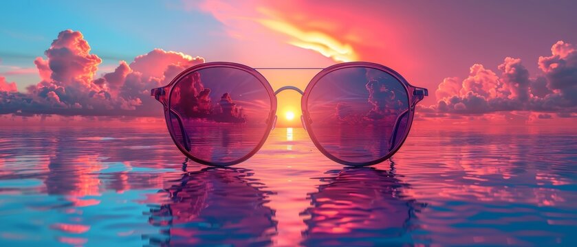 Sunglasses reflect a vibrant sunset over a calm ocean.