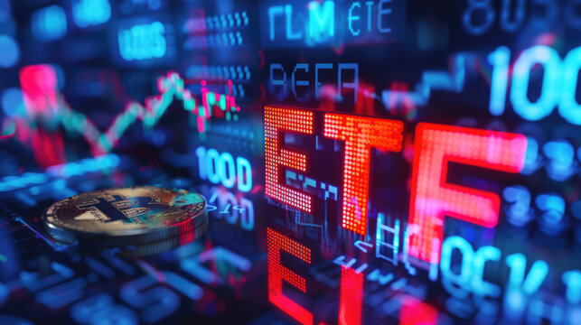 ETF glowing text on blurred background. Business, finance, crypto currency market concept	