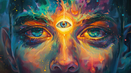 Third eye is on woman's forehead, symbol of spirituality, spiritual awakening, mindfulness, meditation and healing