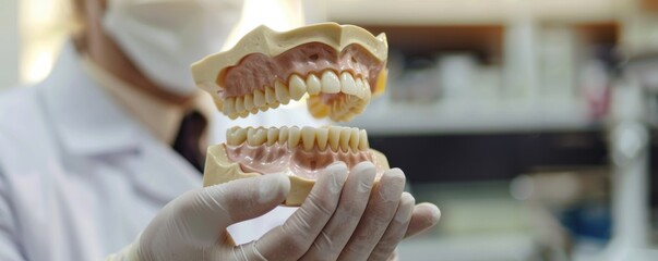 Dentist hold a dental model of human teeth, banner. Generative AI.