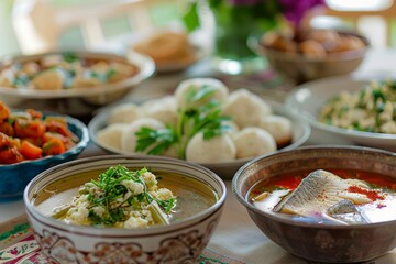 Passover food - traditional Passover dishes such as matzo ball soup, gefilte fish, charoset, and bitter herbs, representing the historical significance and cultural heritage of the holiday