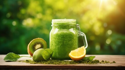 Fresh green smoothie fruit drink in a jar