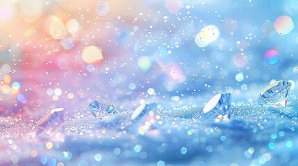 Scattered white diamonds and crystals falling from above, very shiny, clear, iridescent glow, light reflection rainbow, star powder, centerpiece composition, creative background design.
