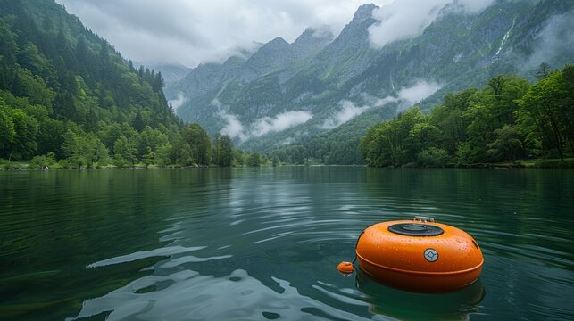 A solitary orange tube floats in the still waters of a lake nestled amidst green mountains, under a cloudy sky.