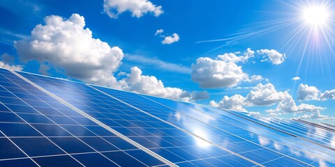 A close-up photo of solar panels against blue sky with clouds in the background. The focus on photovoltaic technology illustrates the concept of sustainable energy, renewables, and climate resilience.