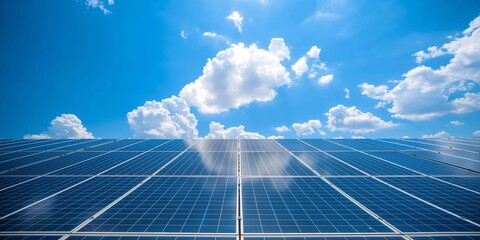 A close-up photo of solar panels against blue sky with clouds in the background. The focus on photovoltaic technology illustrates the concept of sustainable energy, renewables, and climate resilience.