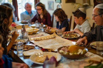reading the Haggadah - people gathered around Seder table, as they recite the Passover story, recount the Exodus from Egypt, emphasizing the importance of storytelling and remembrance during holiday