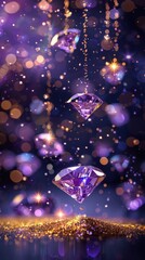 Obraz premium Scattered white diamonds and crystals falling from above, very shiny, purple glow, clear, iridescent glow, star powder, centerpiece composition, creative background design.