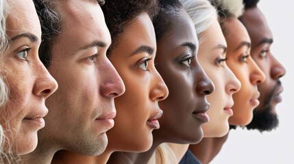 Diverse People Looking to the Left in Profile, Including Women and Men of Different Races and Ages, Representing Unity and Diversity