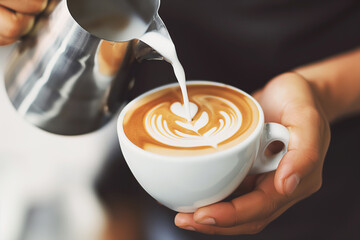 Close-up of a hand holding a white cup while steamed milk is being poured to create heart-shaped latte art on a perfectly brewed cup of coffee.