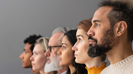 Diverse People Looking to the Left in Profile, Including Women and Men of Different Races and Ages, Representing Unity and Diversity