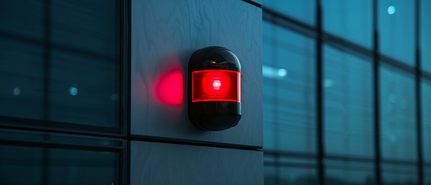 Security alarm light with a red beacon, attached to a metallic wall, glinting against the reflective glass of an adjacent building